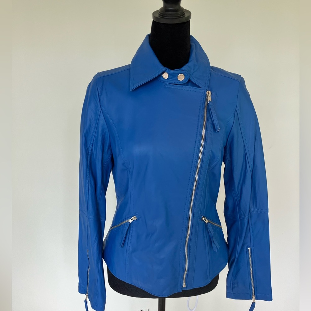 Twiggy London Genuine Leather Biker Jacket XS Electric Blue